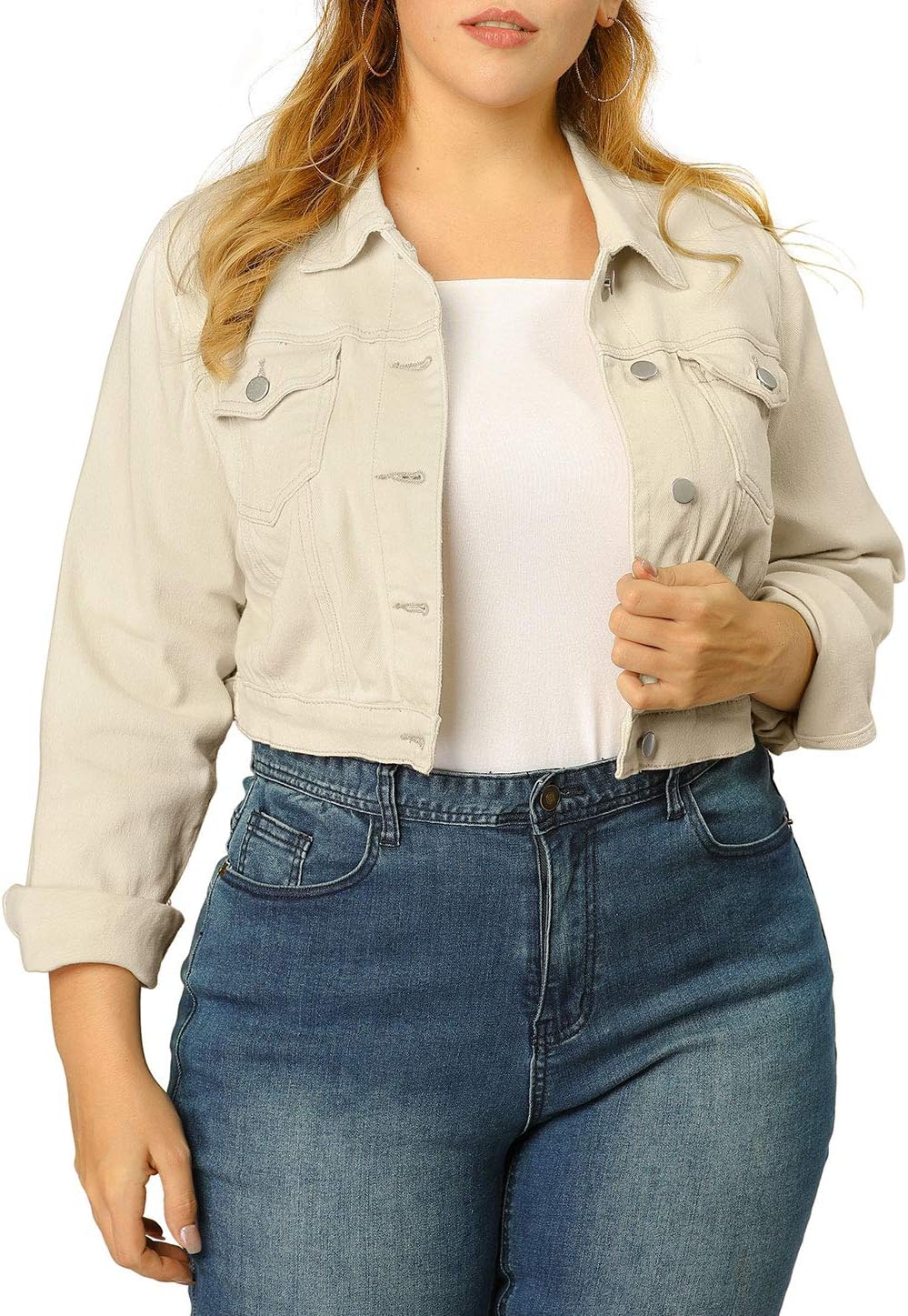 uxcell Women's Plus Size Cropped Denim Jacket for Stylish Comfort