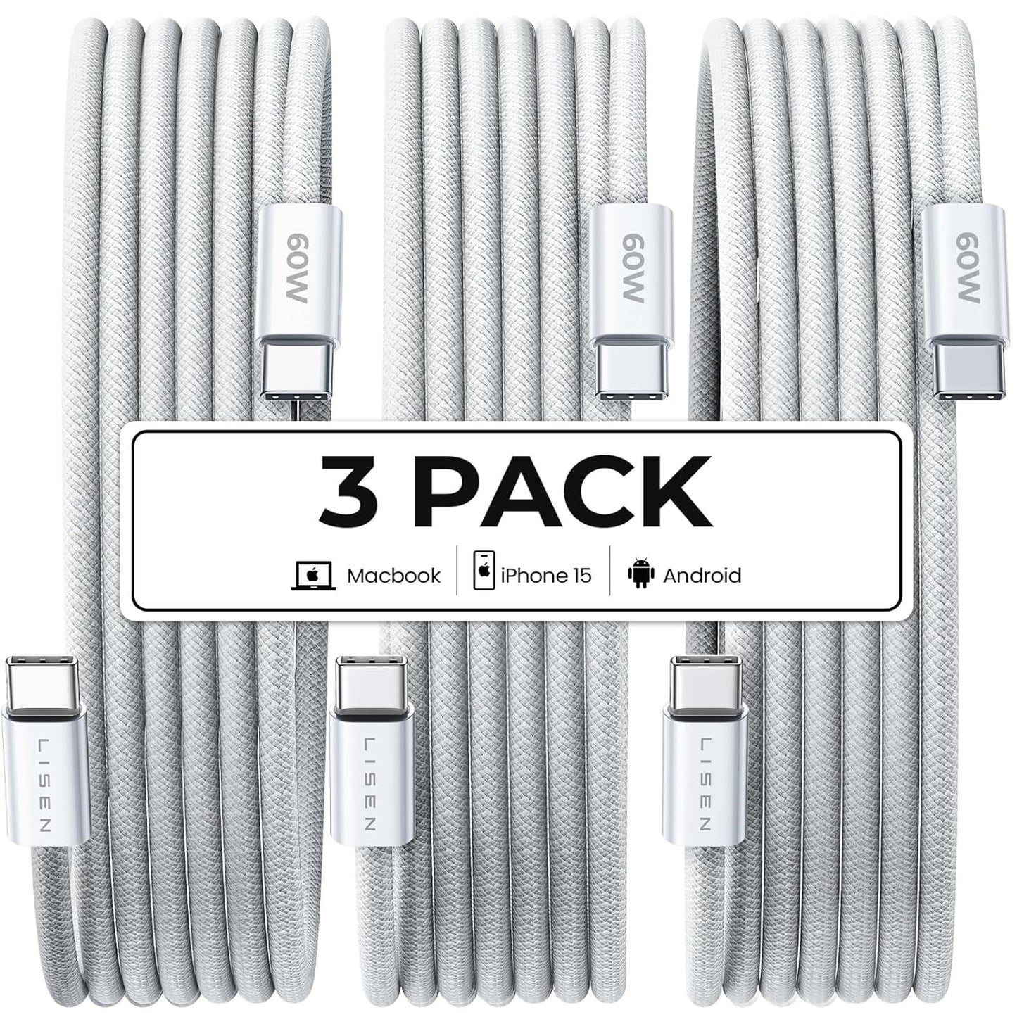LISEN 60W Fast Charging USB C Cable - 3 Pack 6FT