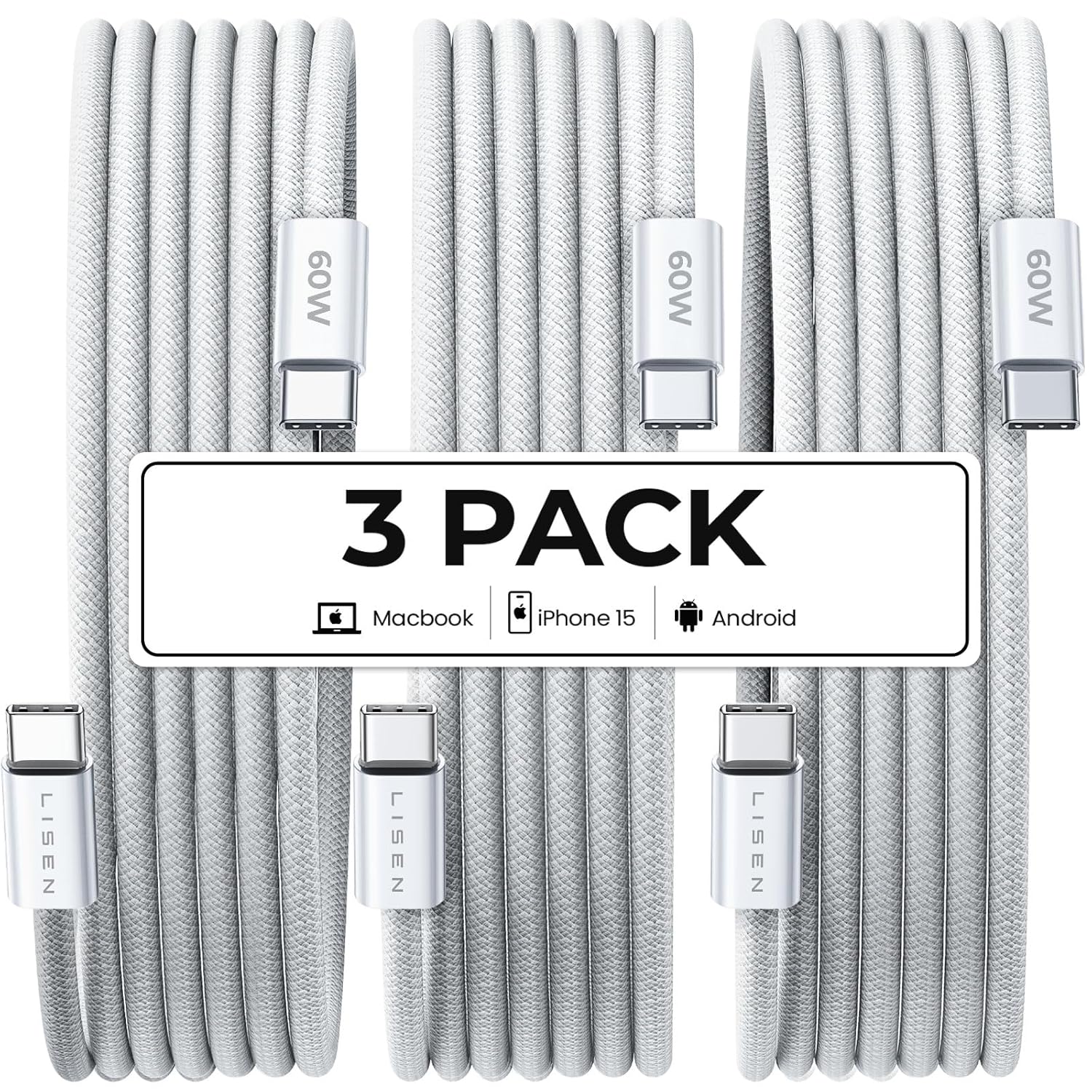 LISEN 60W Fast Charging USB C Cable - 3 Pack 6FT