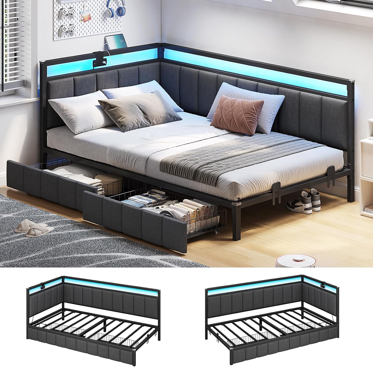 Hasuit Corner Bed Frame with Storage Drawers for Kids Room