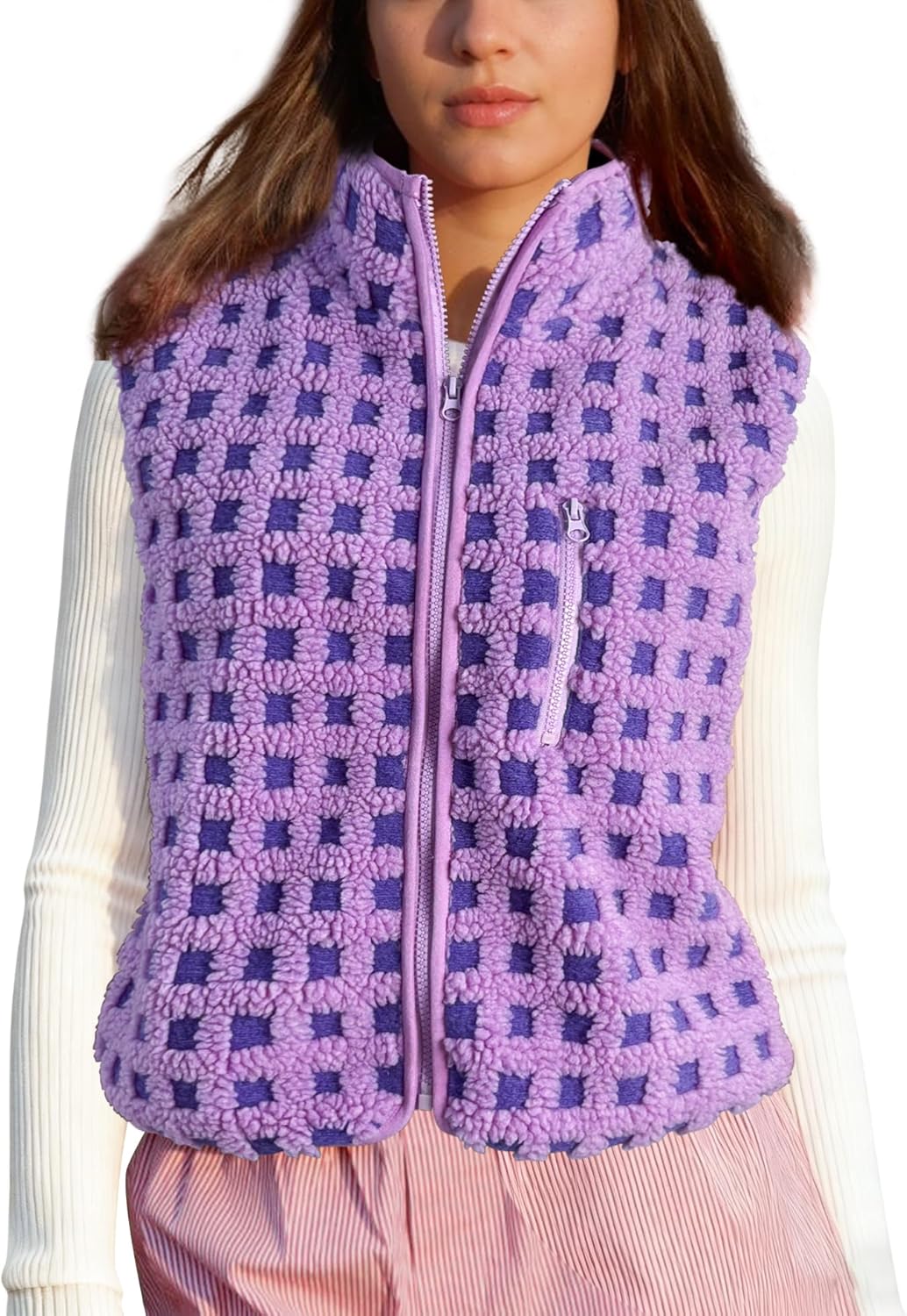 Womens Checkered Sherpa Vest for Winter Fashion and Comfort