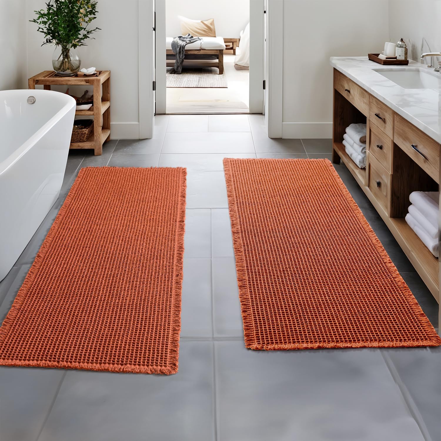 MIULEE Fall Orange Waffle Bathroom Runner Rugs Set of 2