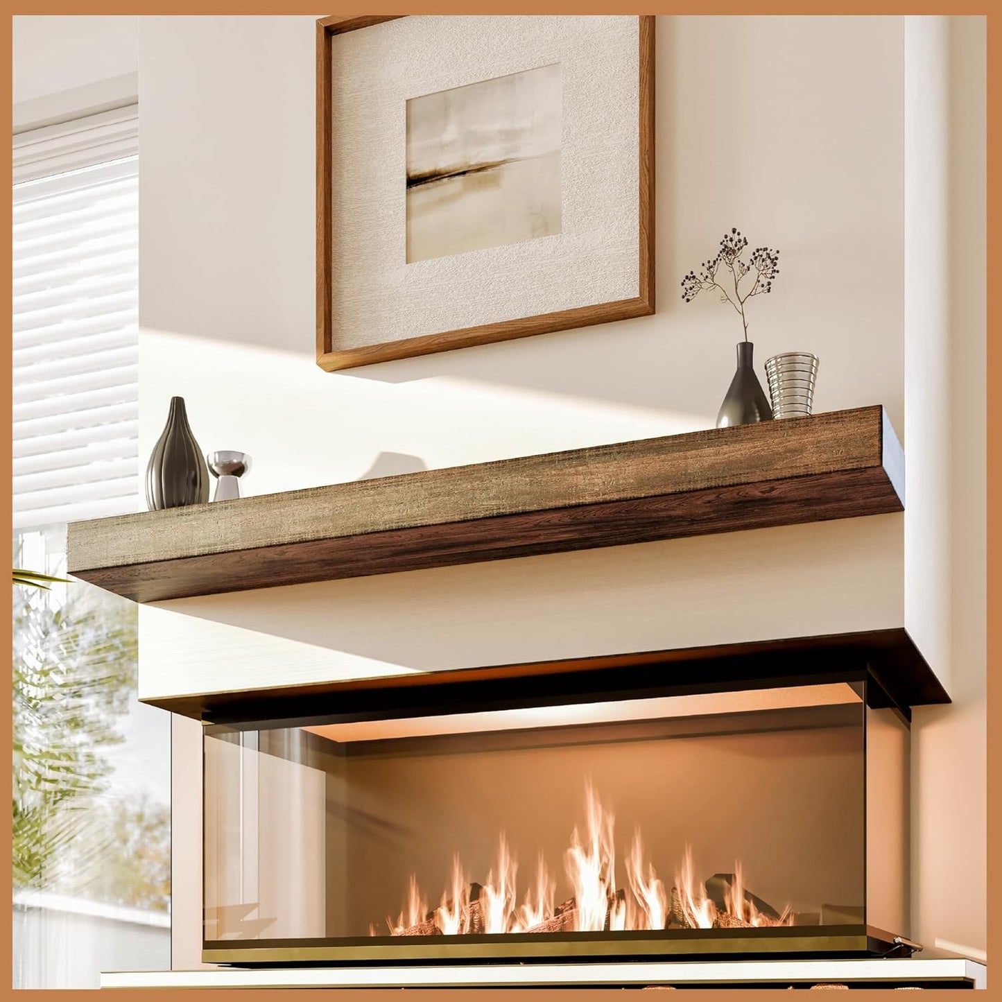 Avana Floating Fireplace Mantle - Rustic Brown Wood Shelf 72 in