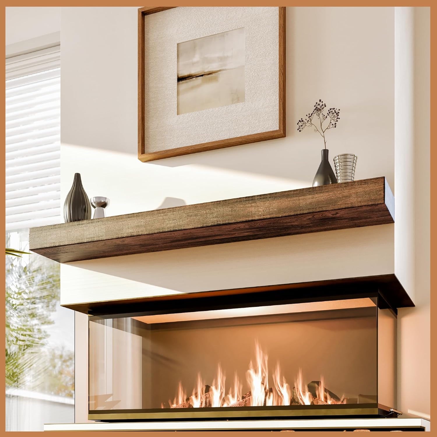 Avana Floating Fireplace Mantle - Rustic Brown Wood Shelf 72 in