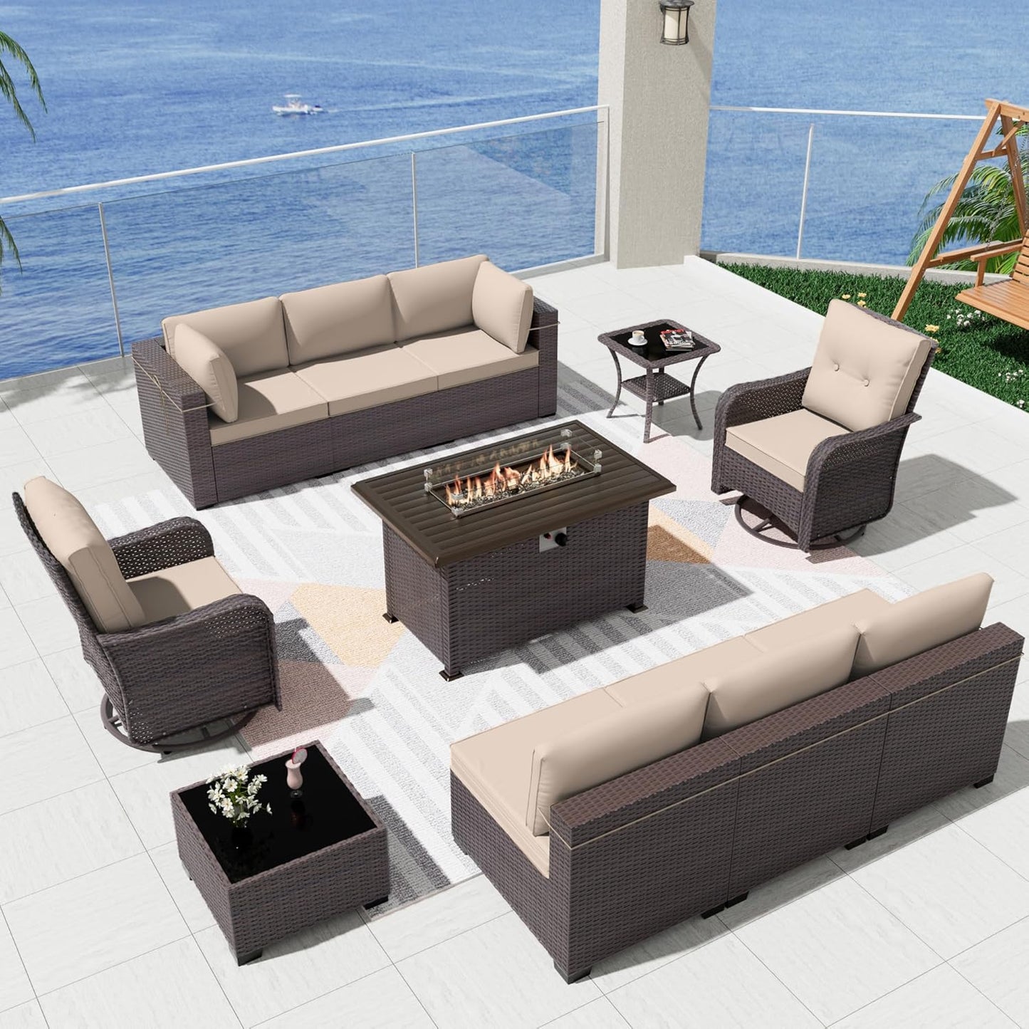 Kurapika 11 Pieces Patio Furniture Set with Fire Pit Table