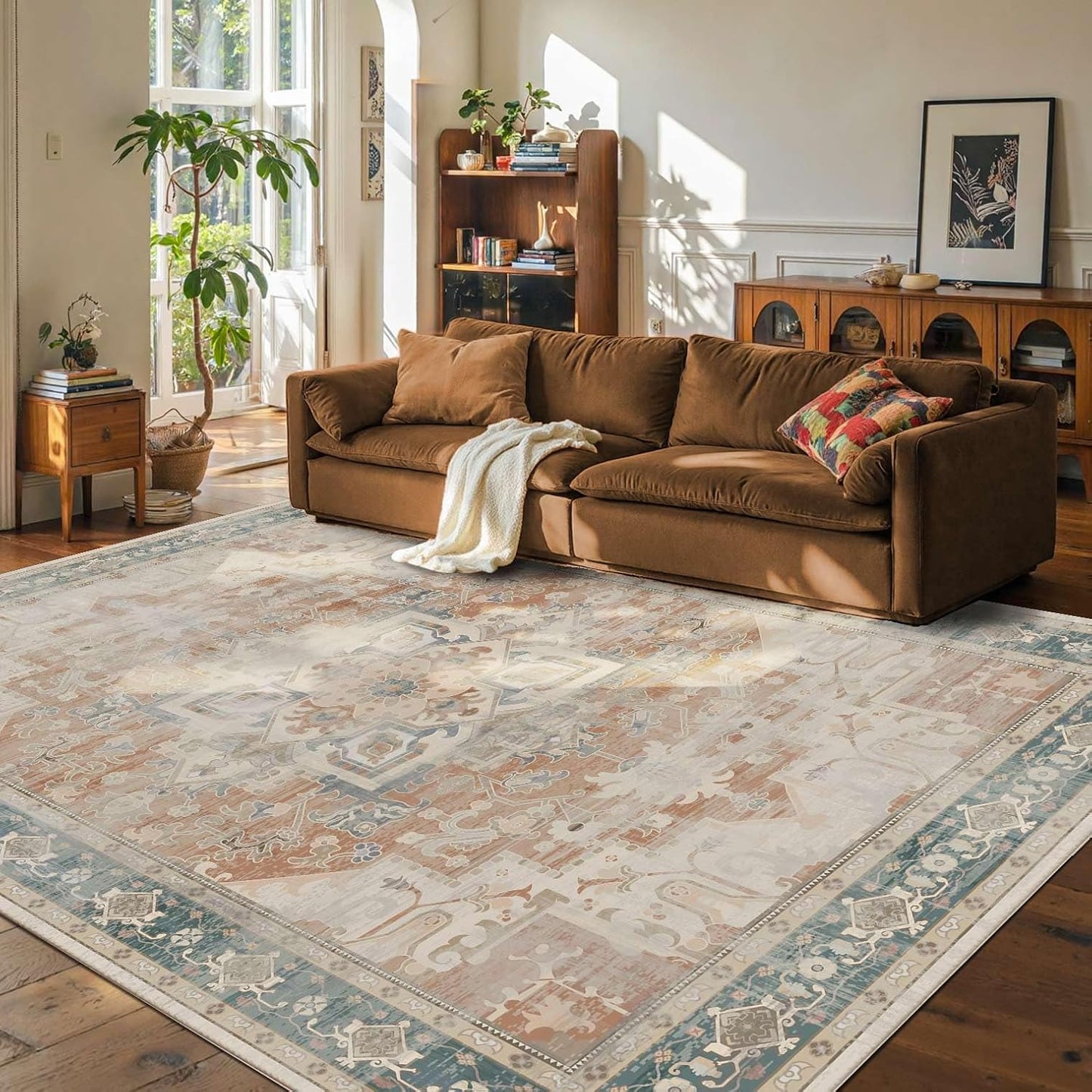 8X10 Orange Boho Rug - Large Washable Area Rug for Home