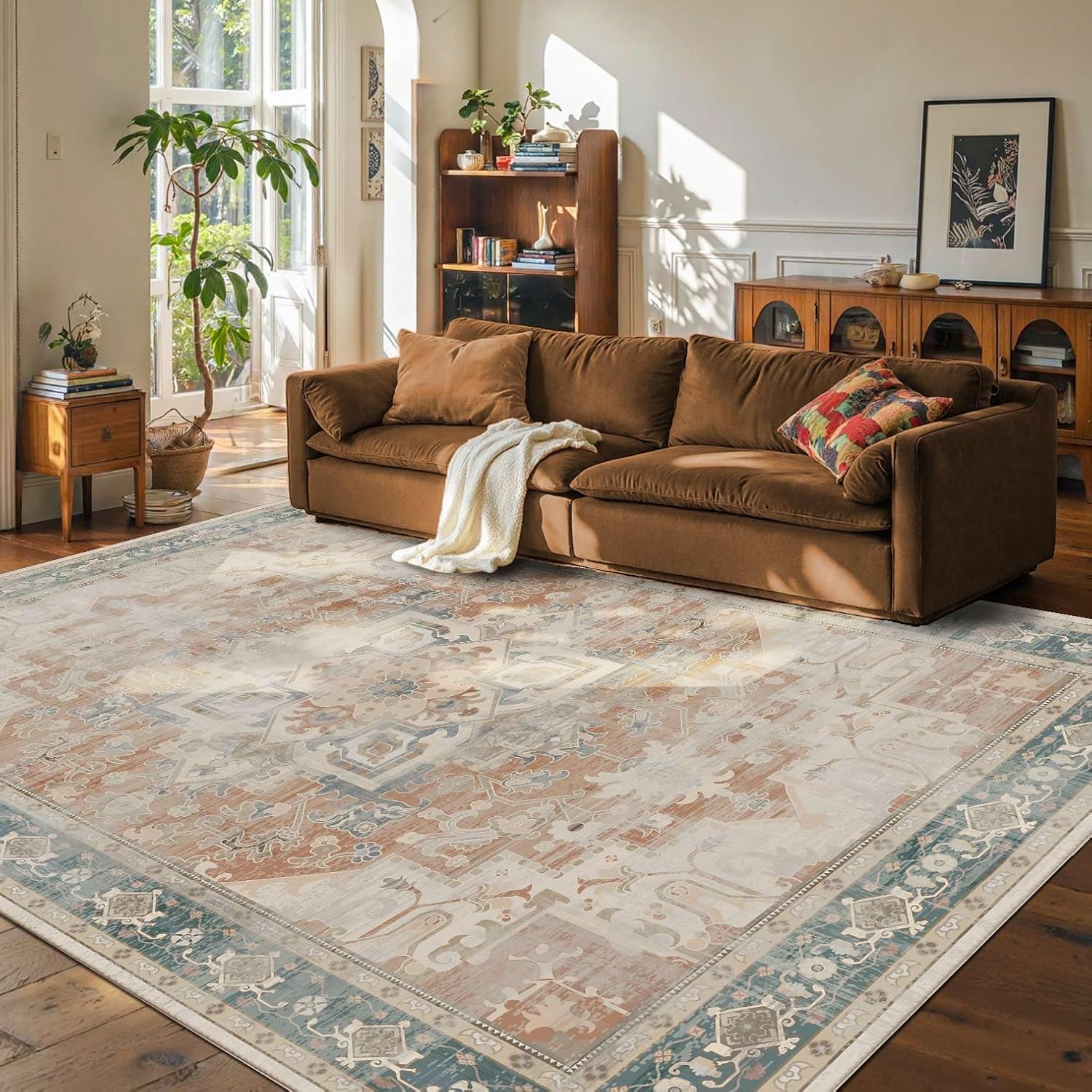 8X10 Orange Boho Rug - Large Washable Area Rug for Home