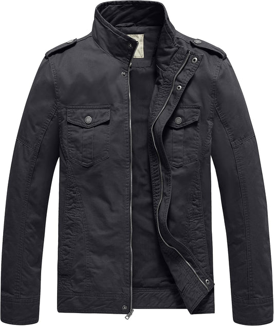 WenVen Men's Casual Washed Cotton Military Jacket for Comfort