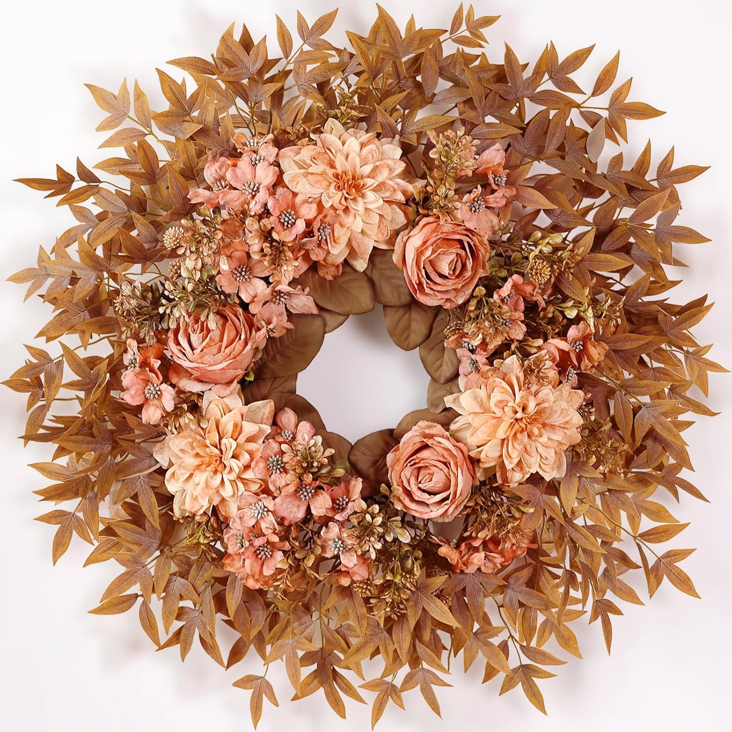 26 Fall Wreath for Front Door with Dahlia Flowers and Maple Leaves