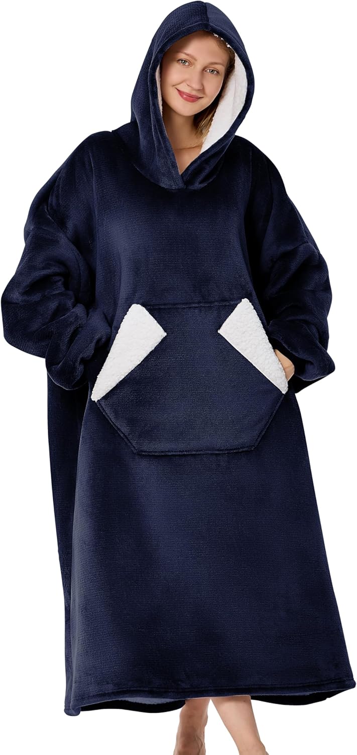 Navy Blue Sherpa Hoodie Blanket by Nobleer - Cozy Gift!