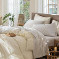 MooMee Striped Sheet Set 100% Washed Cotton - Twin - Soft Linen Look