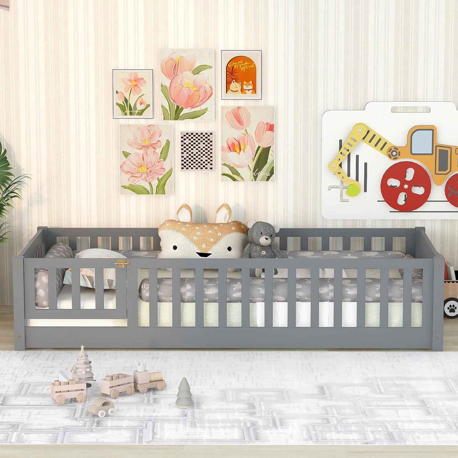 Bellemave Twin Size Floor Bed with Door and Fence for Kids