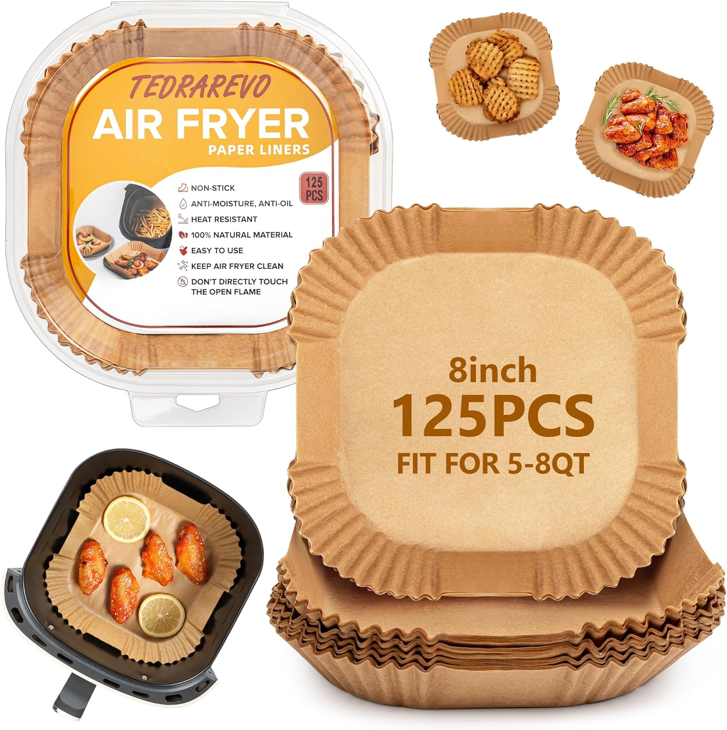 125 Disposable Air Fryer Liners - Easy Cleanup & Oil-Proof! 8IN Square Parchment Sheets for 5-8 QT Airfryer - TEDRAREVO