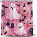 Spooky Halloween Shower Curtain Cute Pink Ghost Black Cat Pumpkin