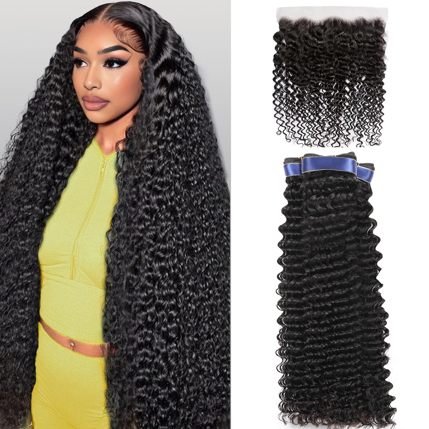Human Hair Bundles Deep Wave with Frontal Closure for Elegance