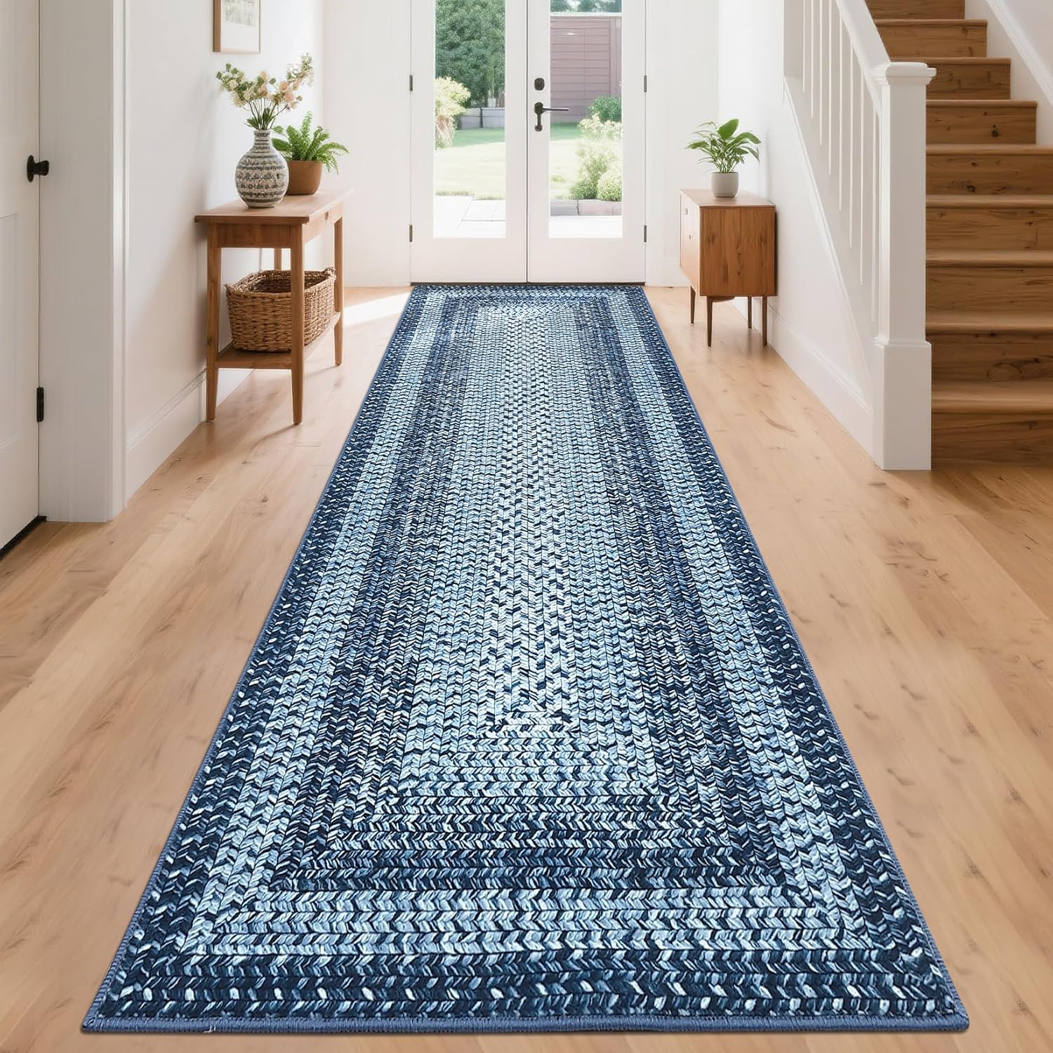 Washable Runner Rug 2x8 Blue Modern Printed Non Slip Area Rug
