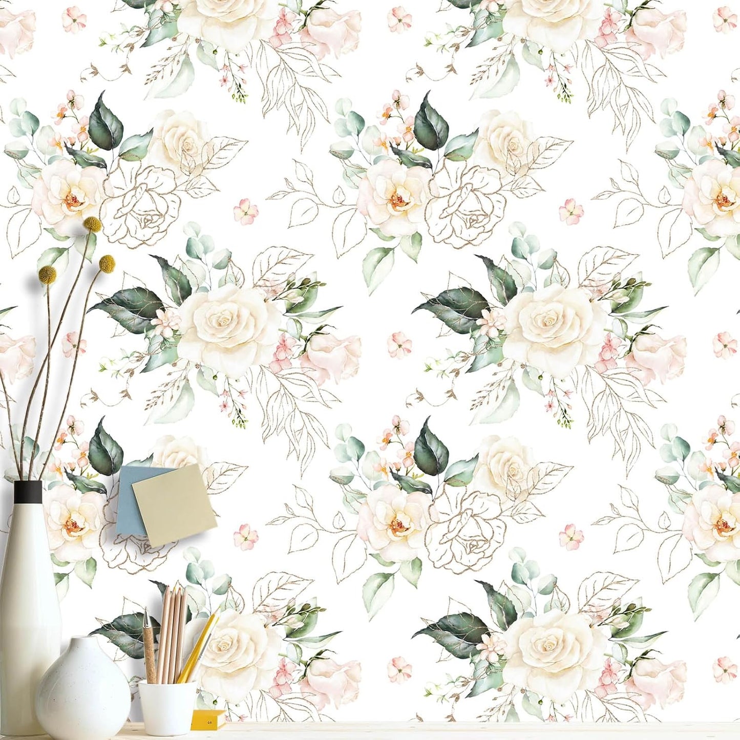 MIHOME Beige and Gold Floral Wallpaper for Stylish Interiors