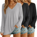 3 Pack Womens Oversized Long Sleeve V Neck Cotton Tops - Soft Cotton