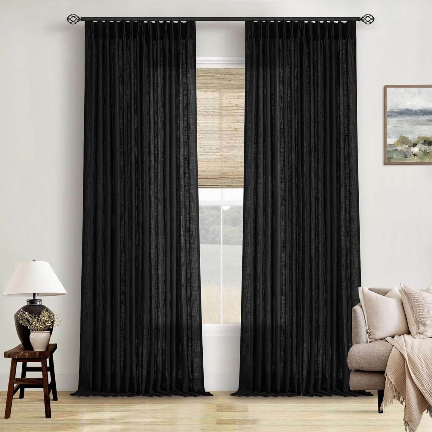 Black Linen Curtains 102 Inches Long for Living Room Elegance