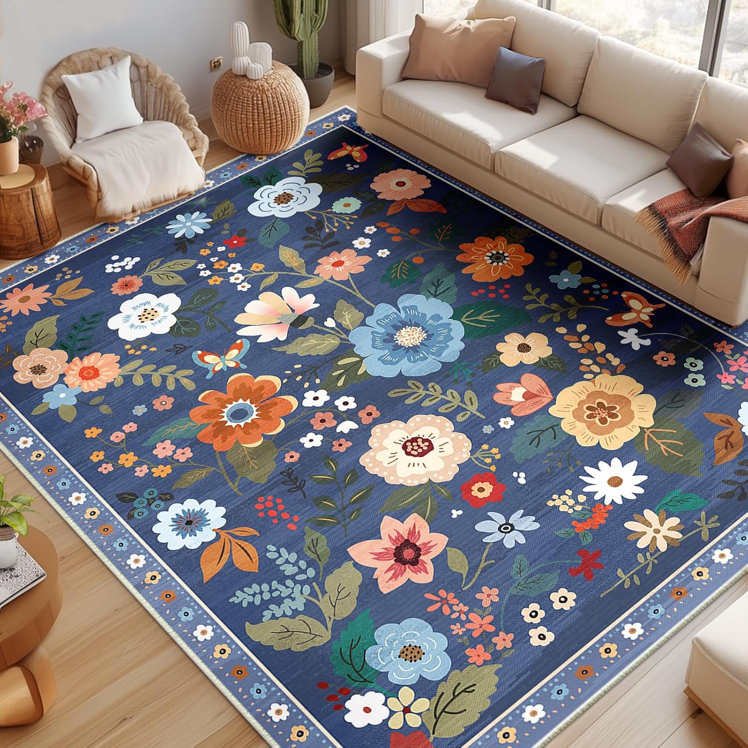 Floral 9x12 Area Rug Soft Print Boho Carpet Non Slip Doormat