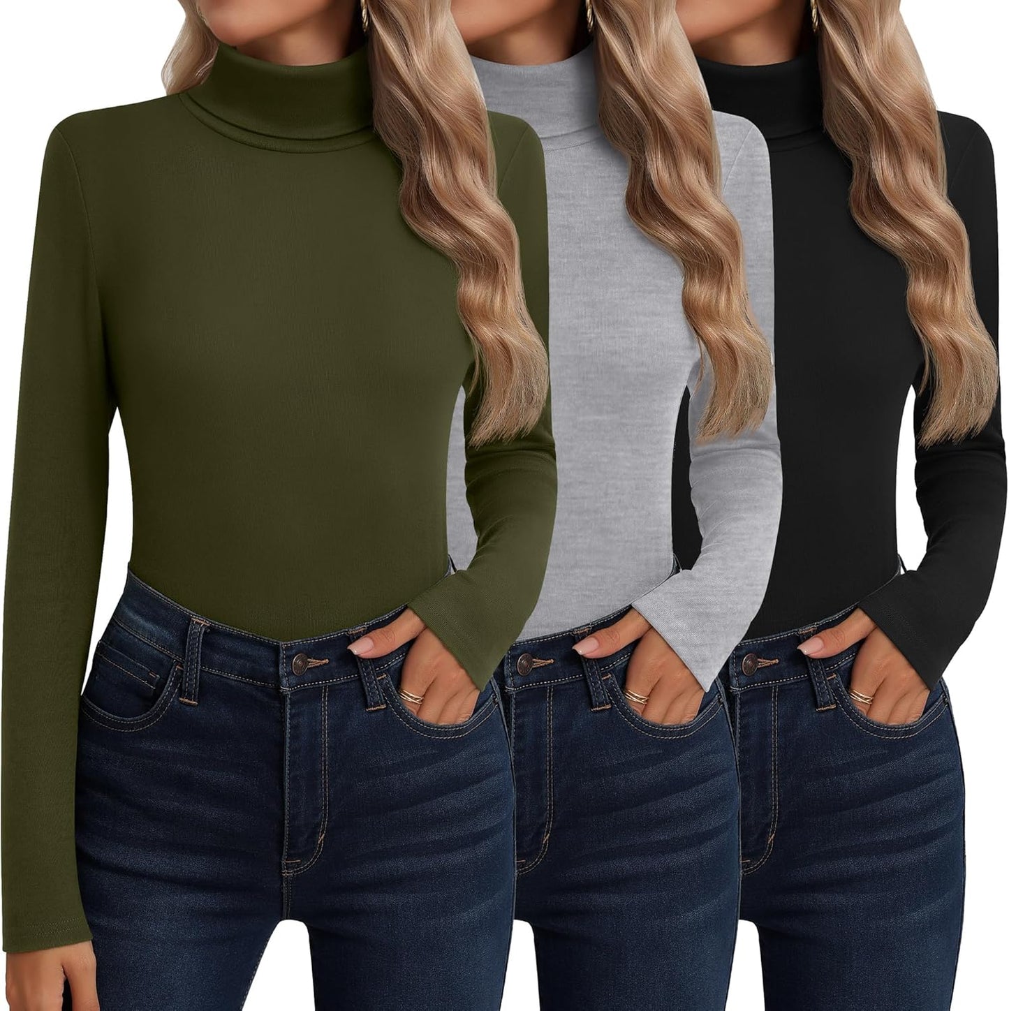 Neer 3 Pack Cotton Women's Turtleneck Long Sleeve Tops