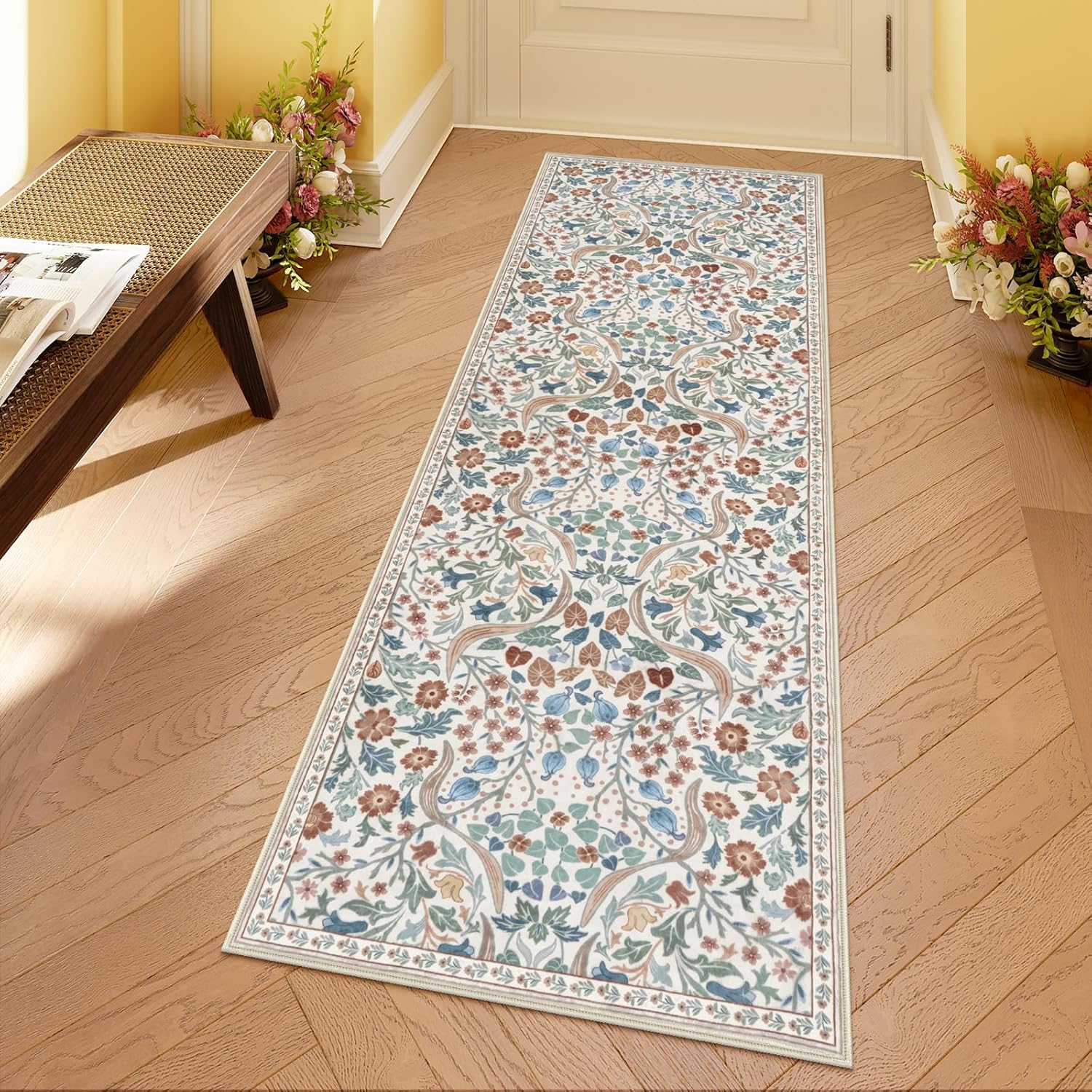 Moynesa Floral Hallway Runner Rug - Soft Non-Skid Washable Mat