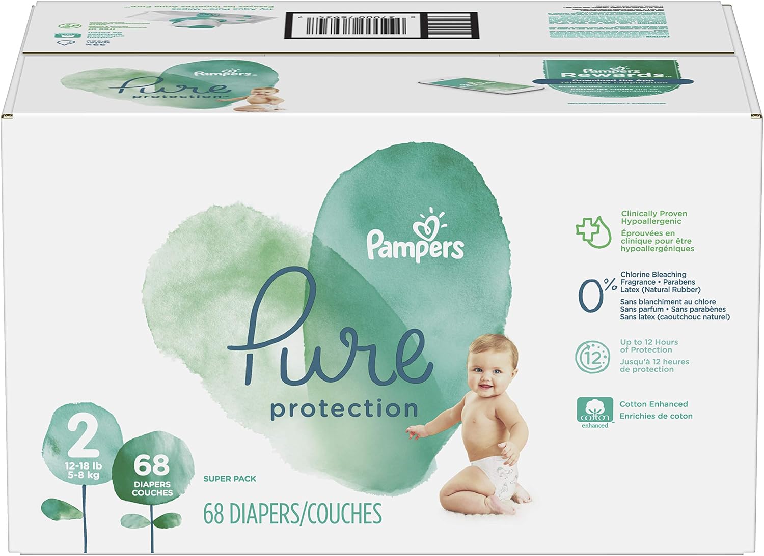 Pampers Pure Protection Diapers - Hypoallergenic, Unscented, Size 2, 68 Count