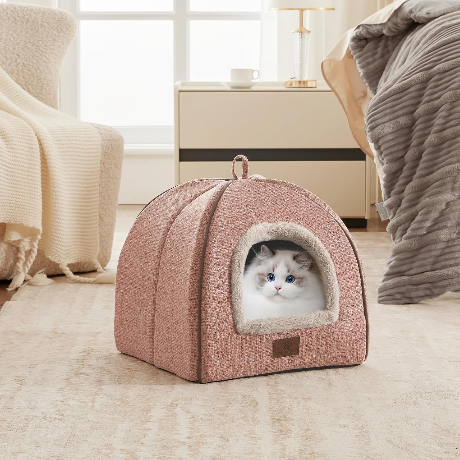 Cat Bed for Indoor Cats - Cozy Cat Cave with Washable Pillow