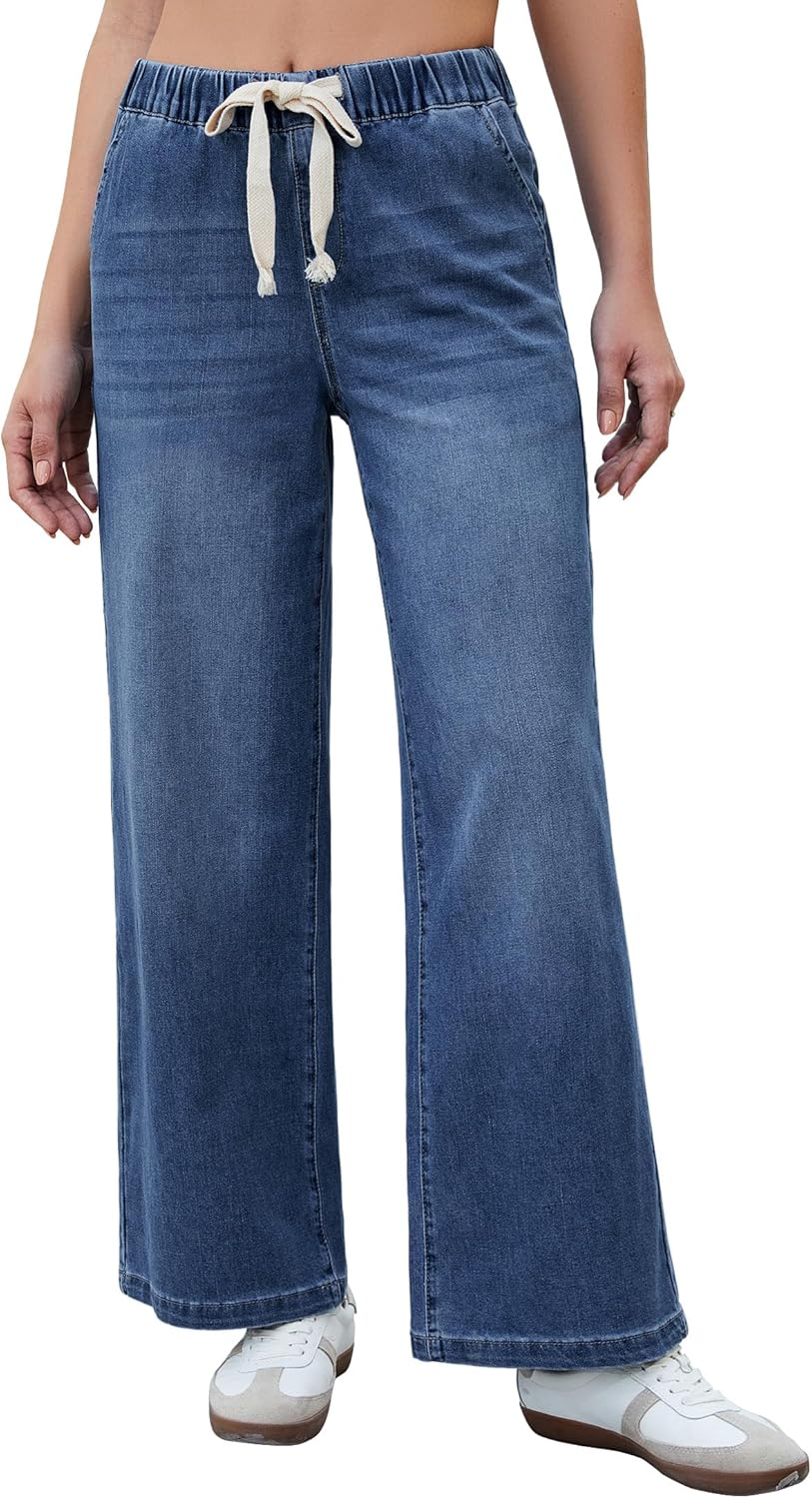 Wide Leg High Waisted Jeans for Women - Trendy Pull On Style
