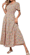 Women's Boho Floral Smocked Waist Maxi Dress - Flowy A-Line Comfort