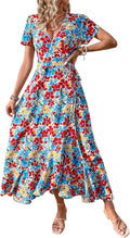 Womens Summer Maxi Dress Floral Wrap V Neck - Flowy