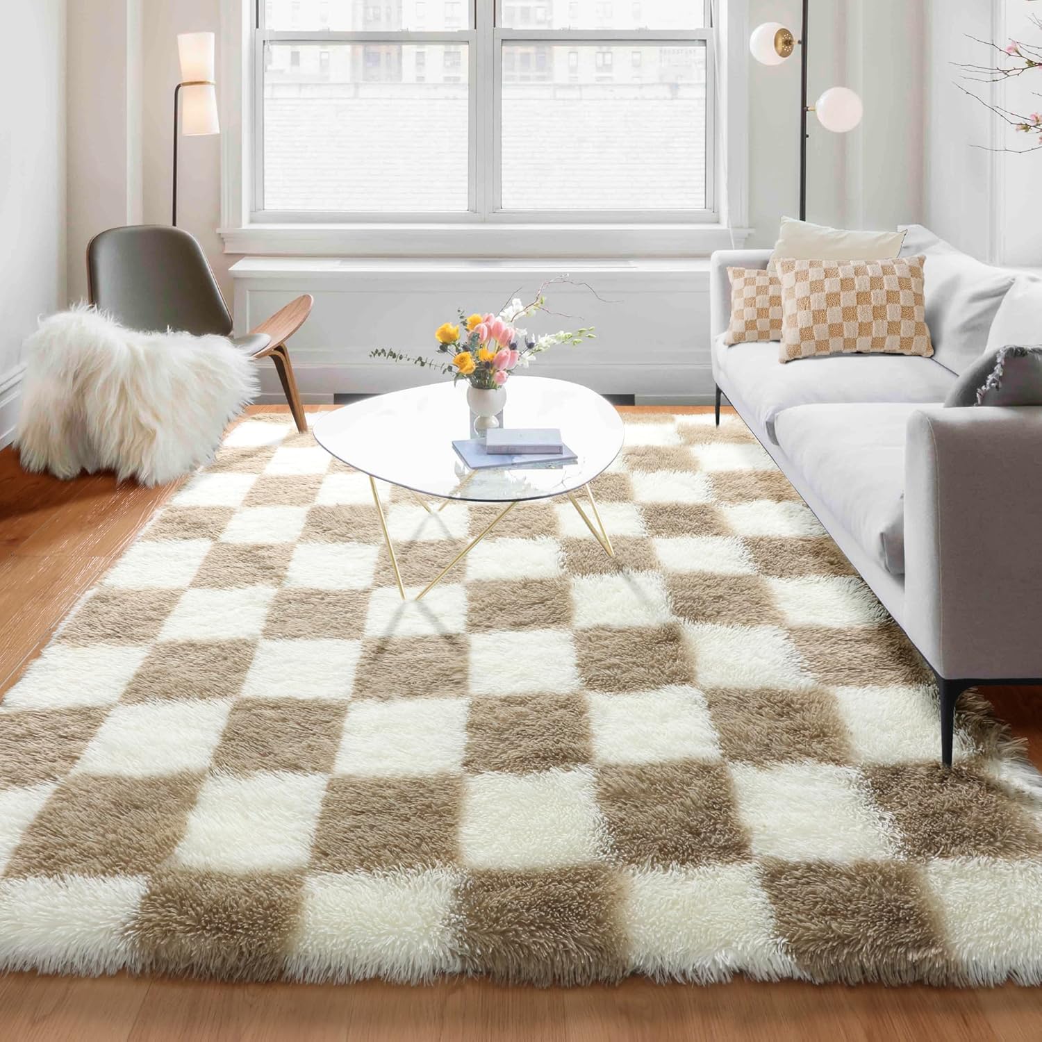 KICMOR 5x8 Fluffy Soft Beige and Cream Checkered Area Rug