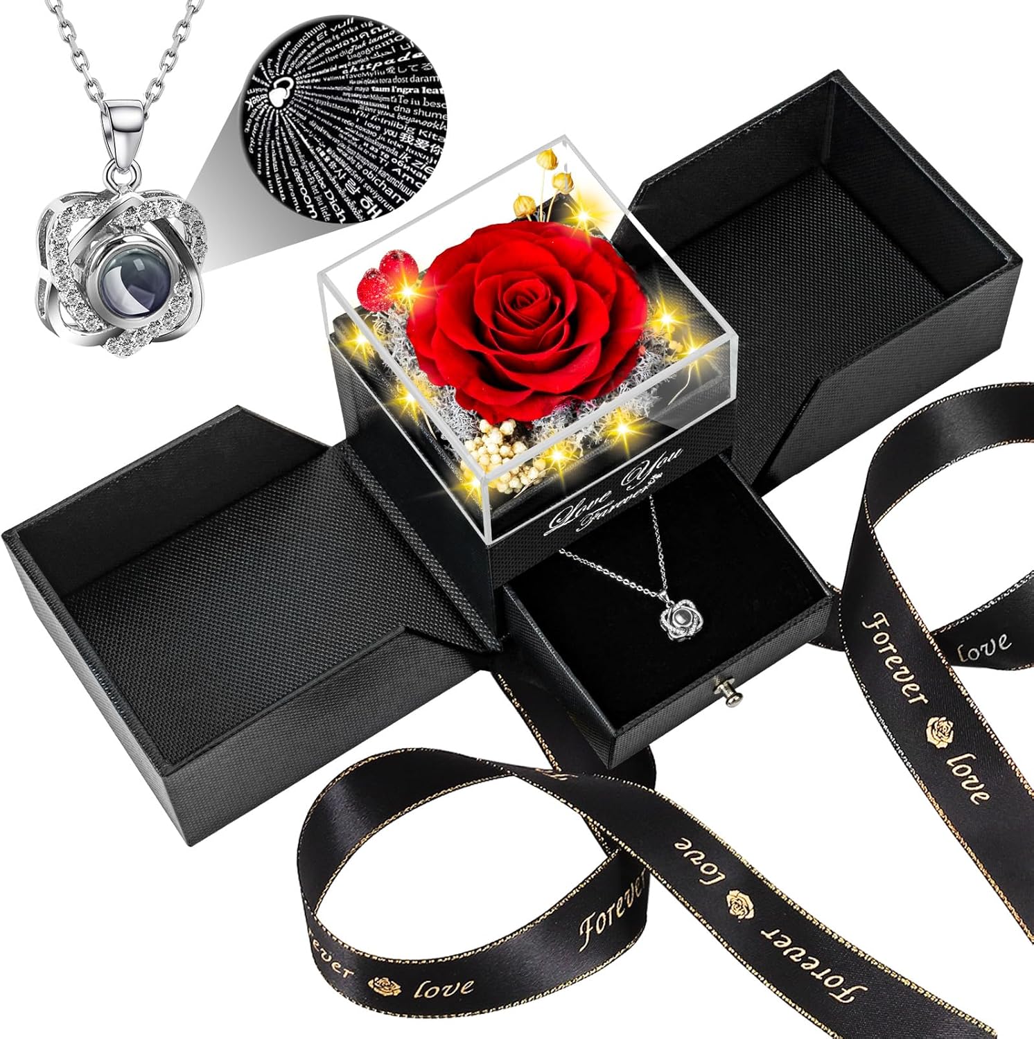 Preserved Red Real Rose with Heart Necklace for Eternal Love