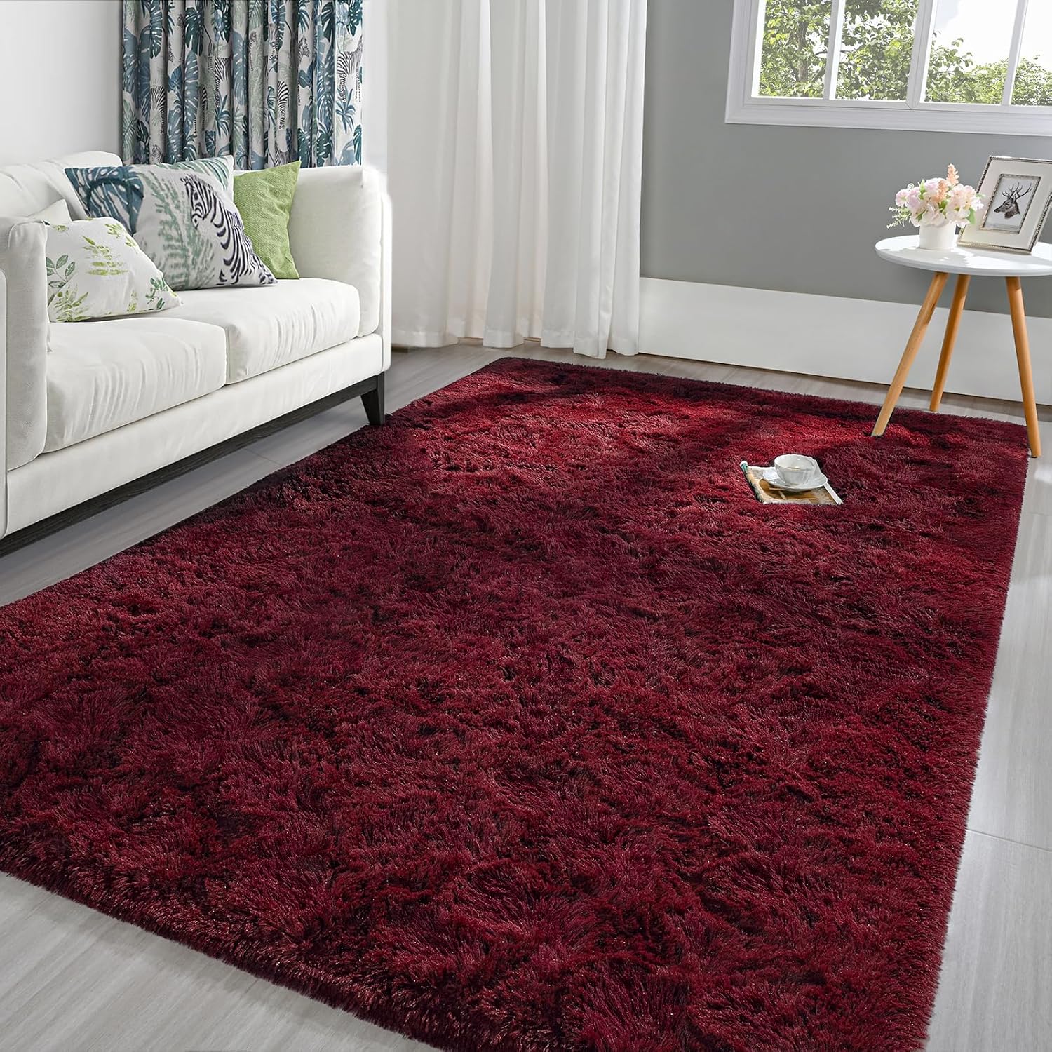 Fluffy Burgundy Rug for Bedroom Living Room, 5x8 Feet Soft Carpet