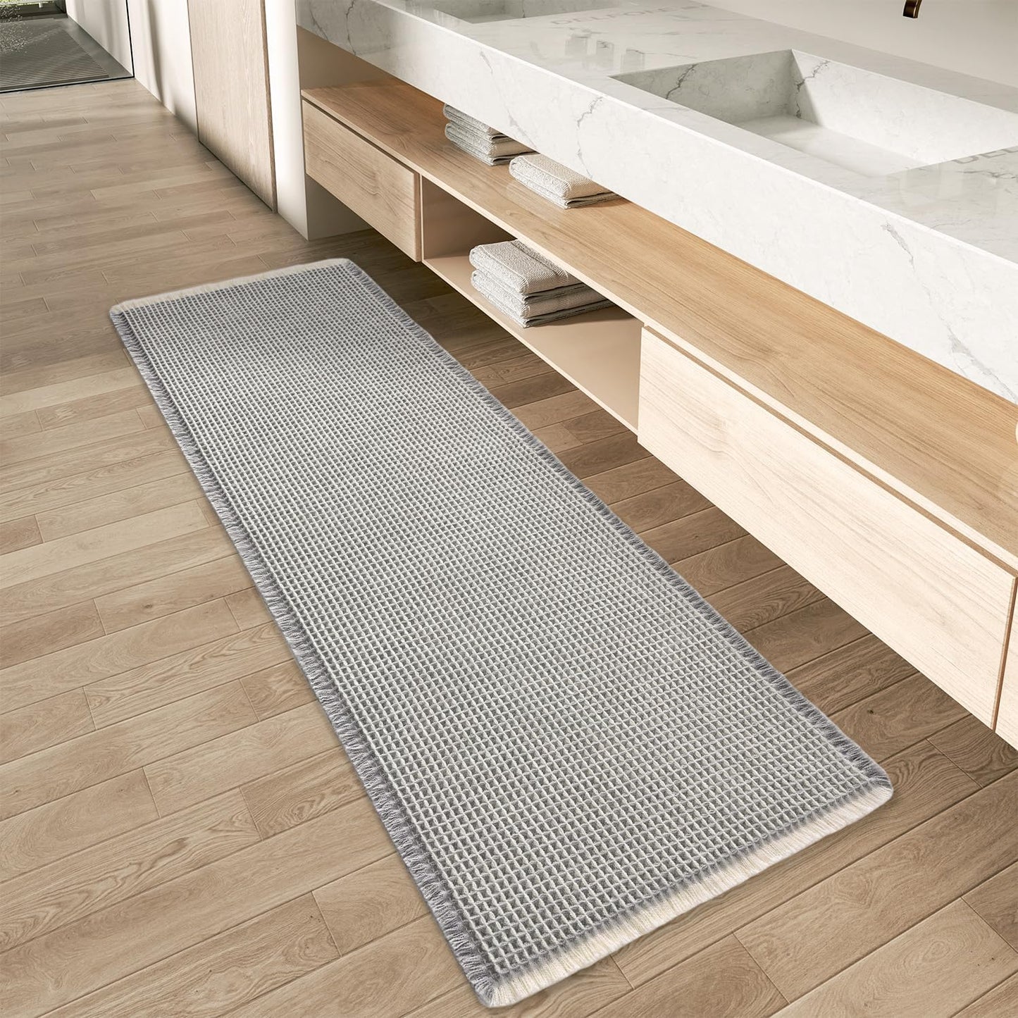 Upgraded Waffle Runner Rug for Bathroom, 17in x 72in, Light Grey