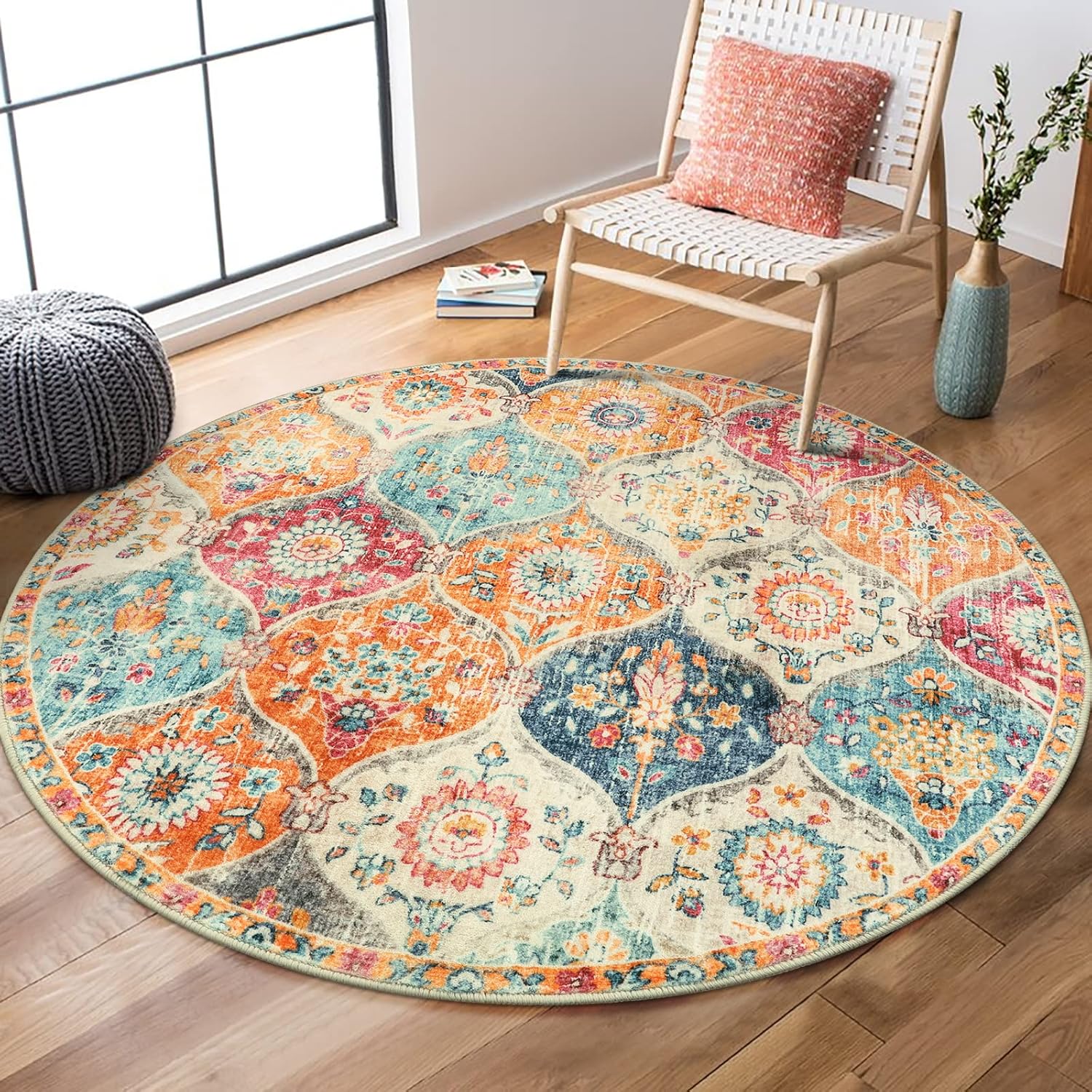 Lahome Moroccan Trellis Washable Round Rug for Home Decor