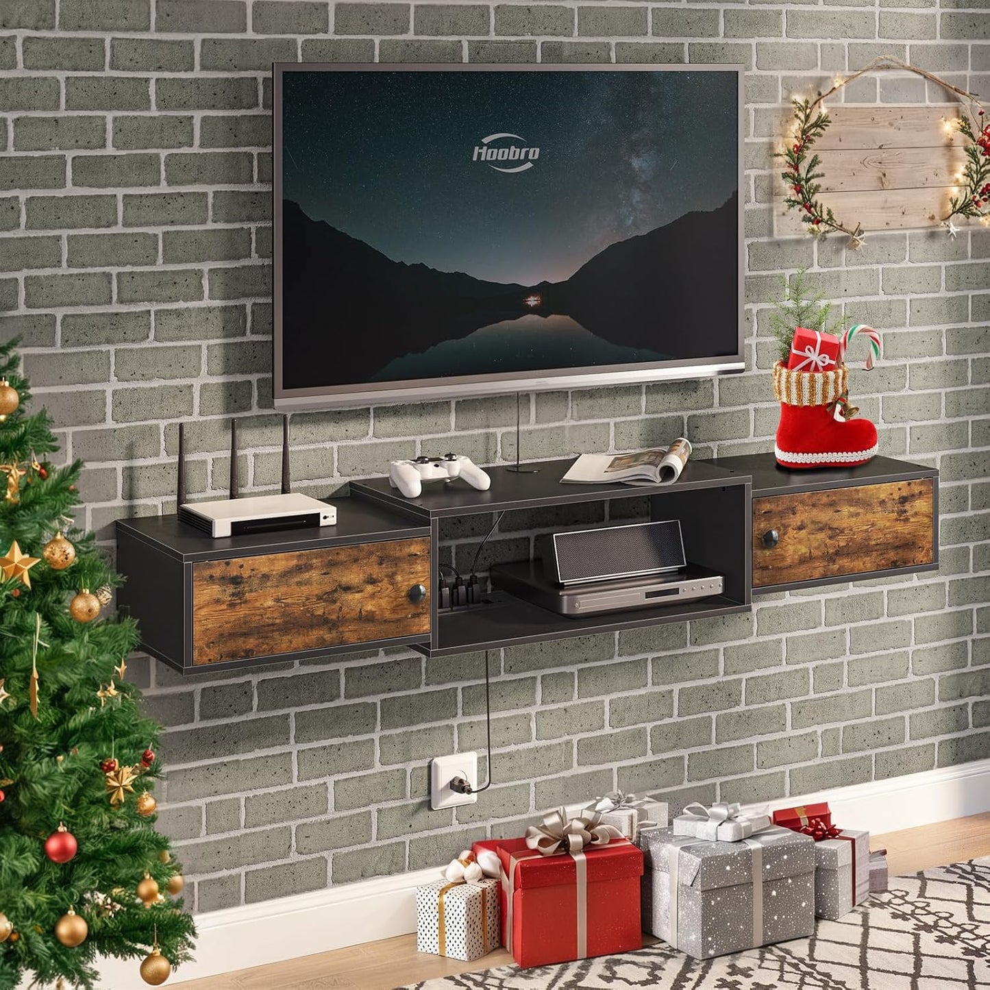Rustic Brown Floating TV Stand: Power Outlet, Storage