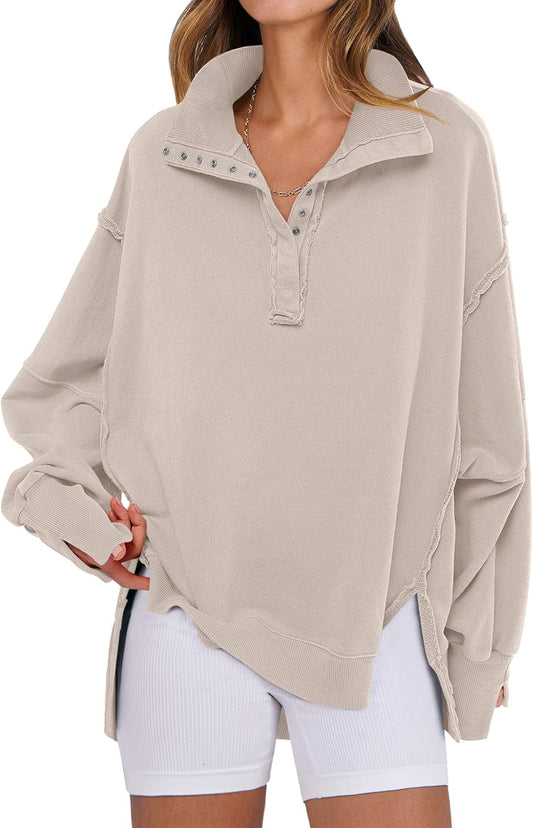 Oversized Casual Button Up Henley Pullover Top for Women