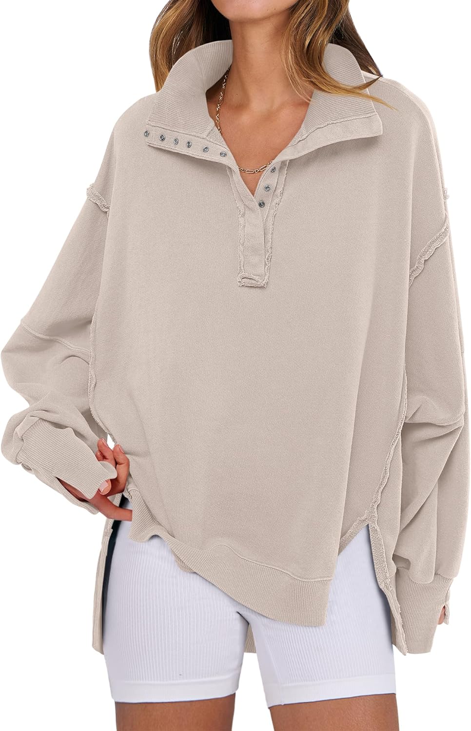 Oversized Casual Button Up Henley Pullover Top for Women