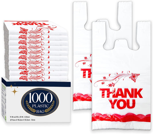 1000PCS White Thank You T-Shirt Bags for Grocery Shopping