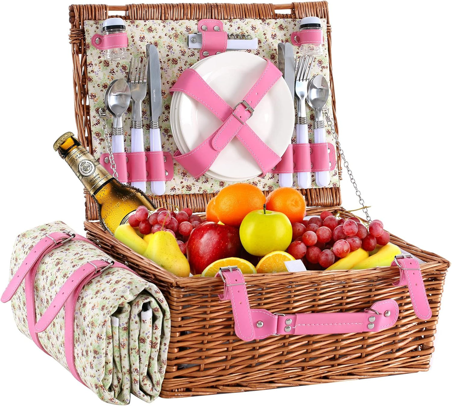 Wicker Picnic Basket for 4 with Blanket and Insulated Cooler