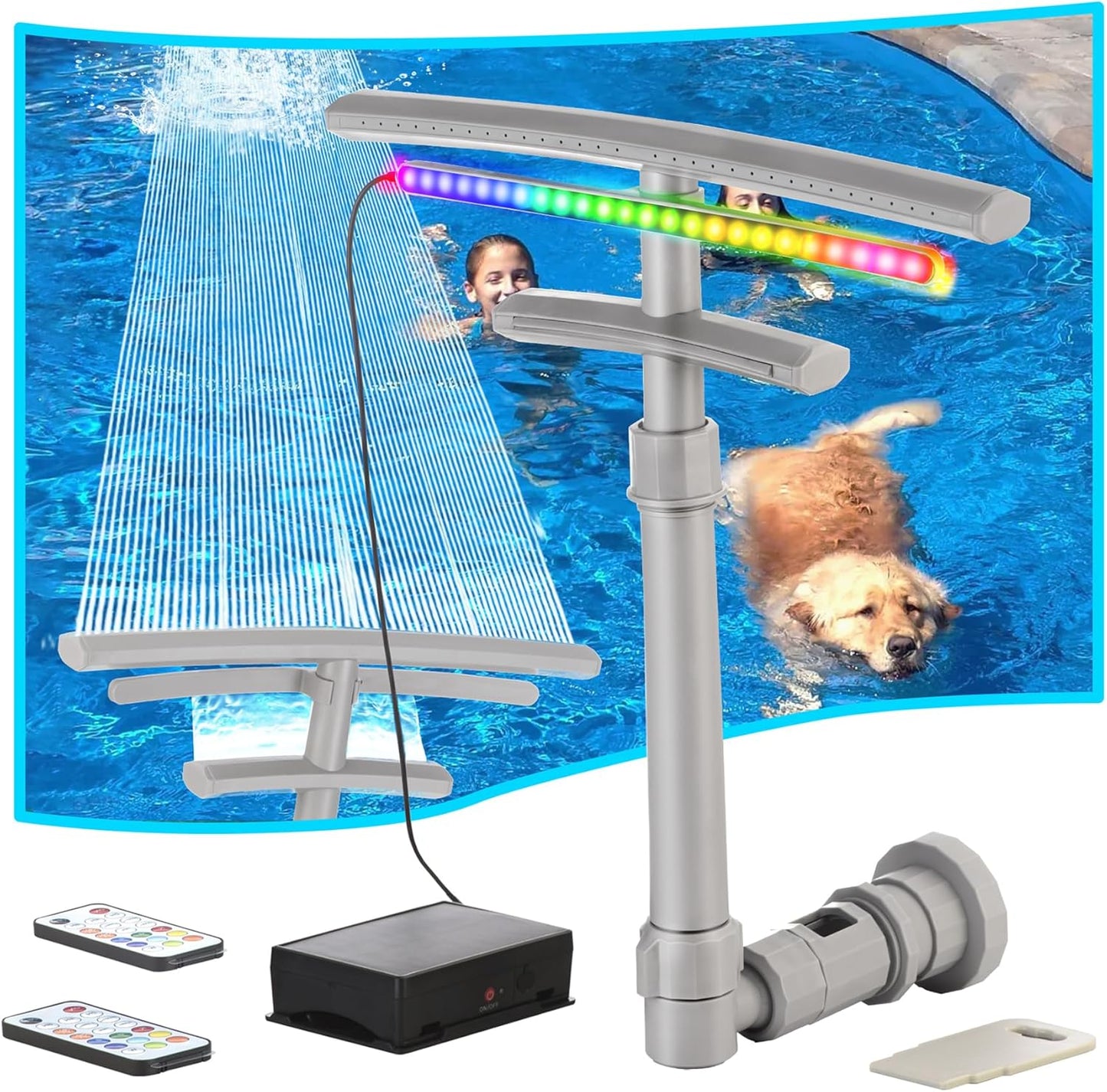 Upgraded Dual Waterfall Pool Fountain with LED Lights for Pools