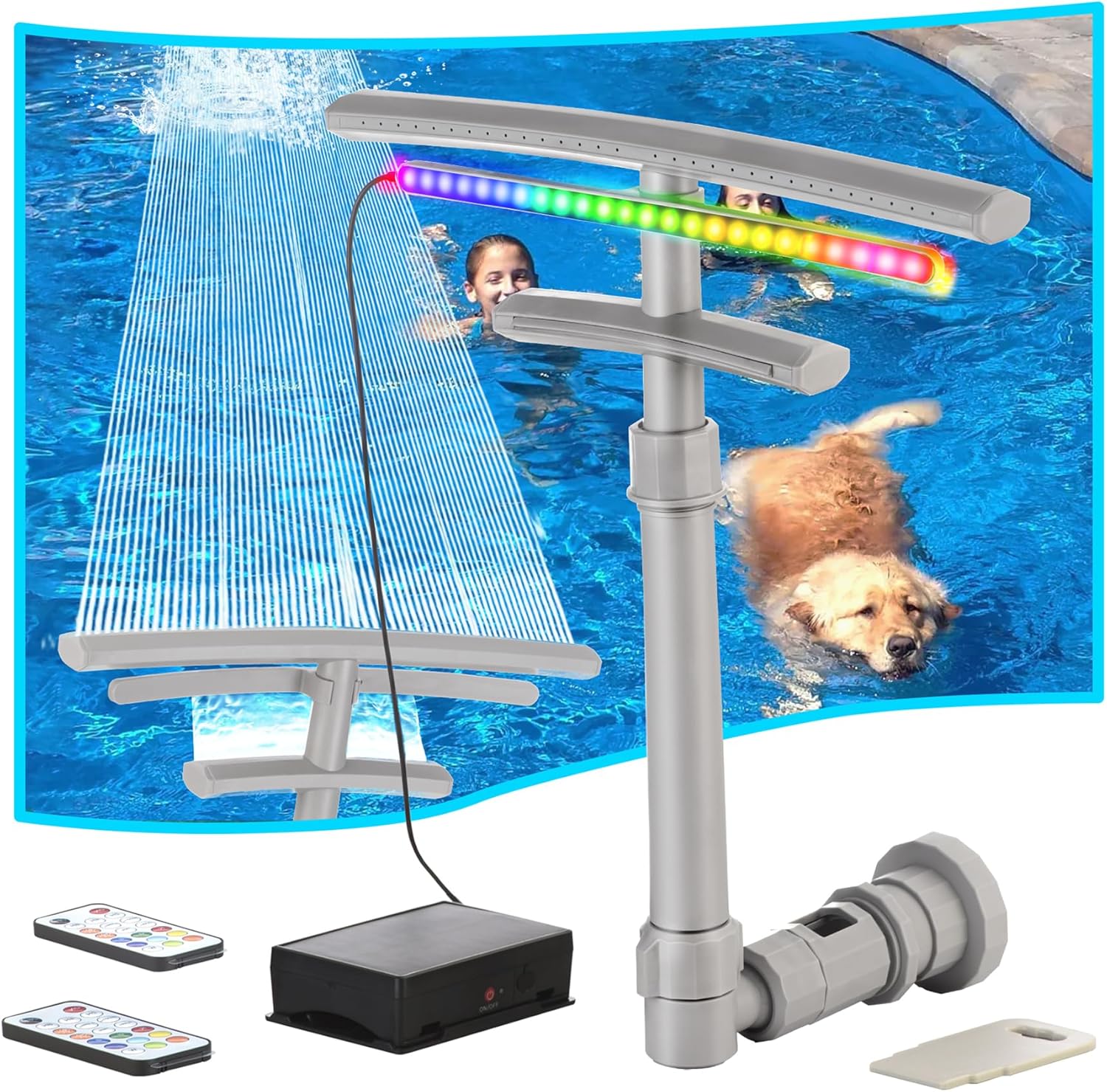 Upgraded Dual Waterfall Pool Fountain with LED Lights for Pools