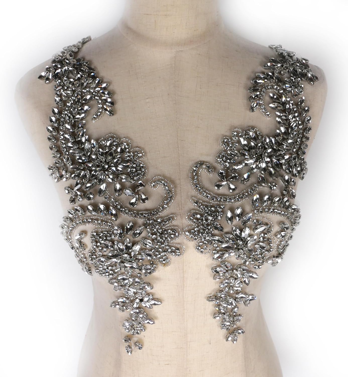 Luxury Look Silver Handbeaded Rhinestone Applique Patch Pair