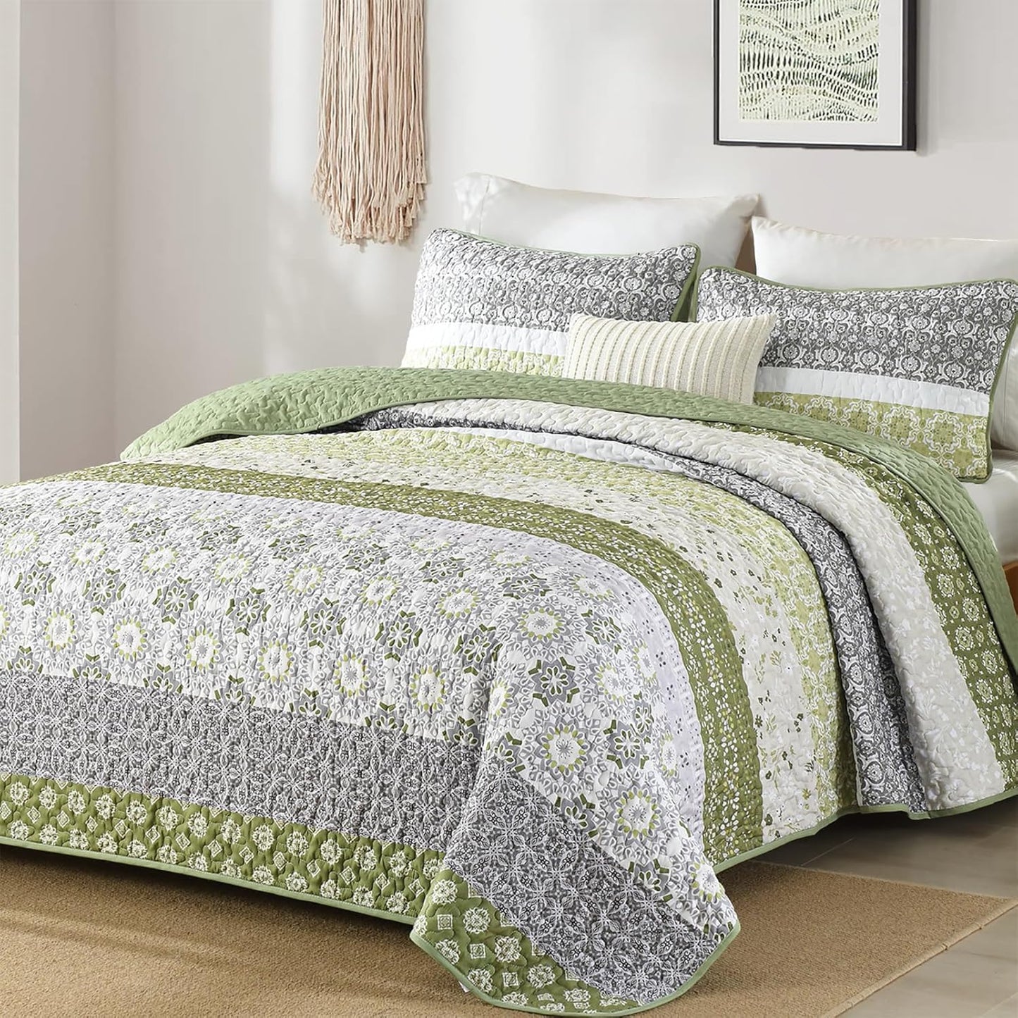Boho Quilt Set Queen Size in Olive Green for Cozy Bedrooms