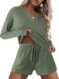 Ekouaer Pajama Set for Women Waffle Knit Long Sleeve Top & Shorts
