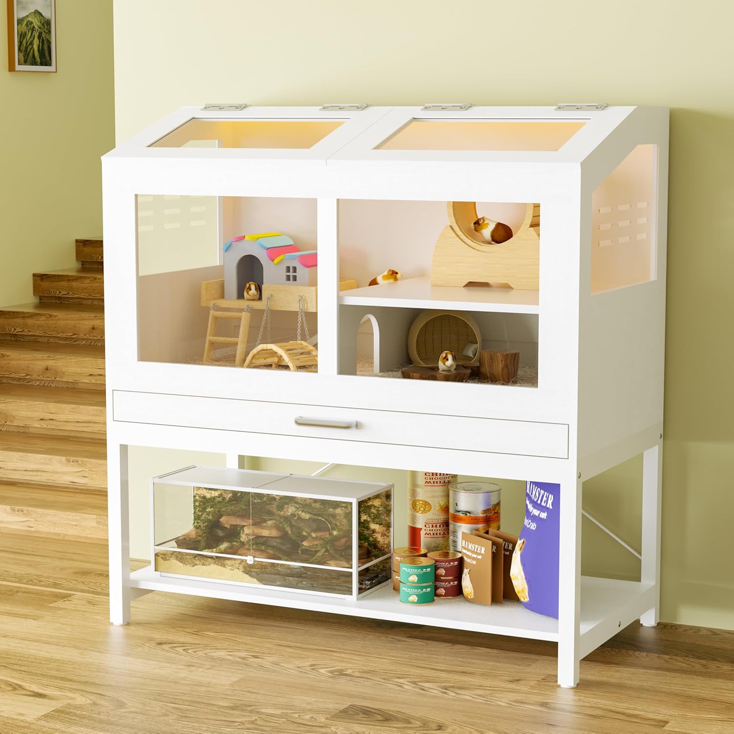 Spacious Hamster Cage with Storage Cabinet for Small Animals