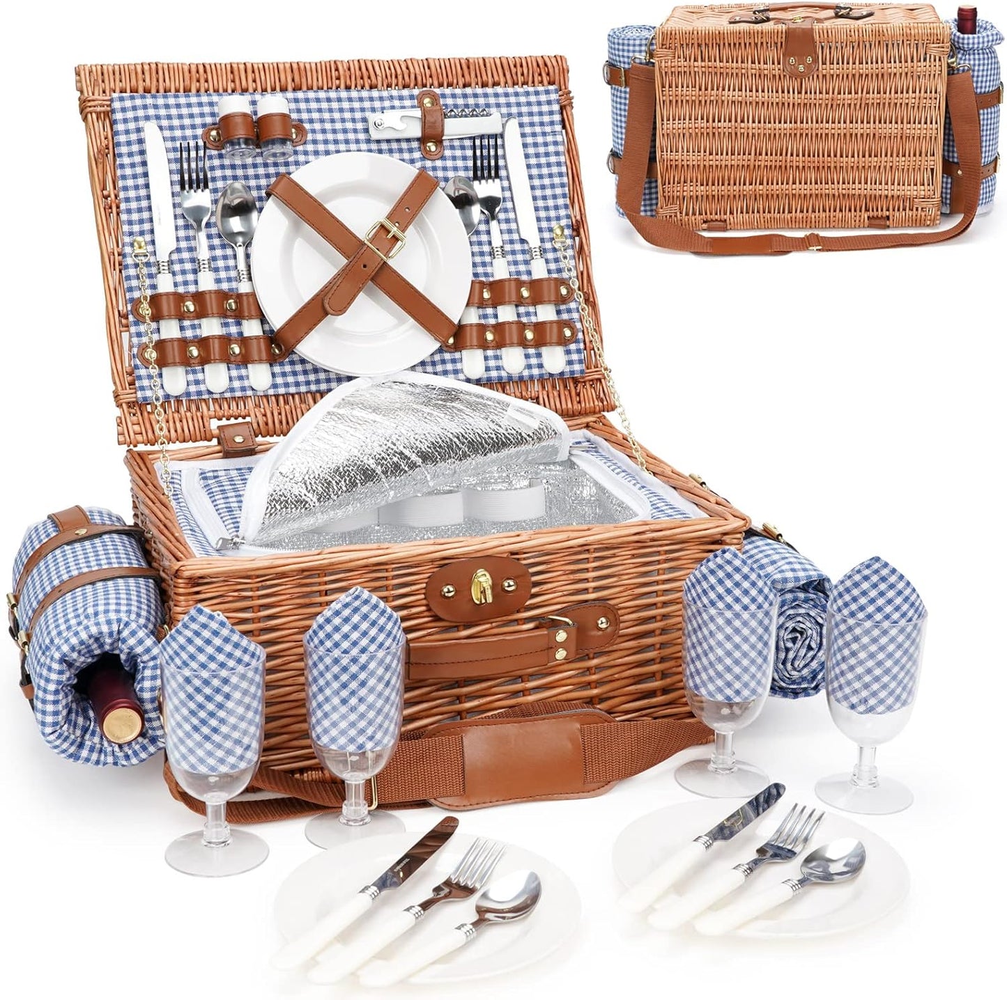 Insulated Picnic Basket for 4 with Blanket and Accessories