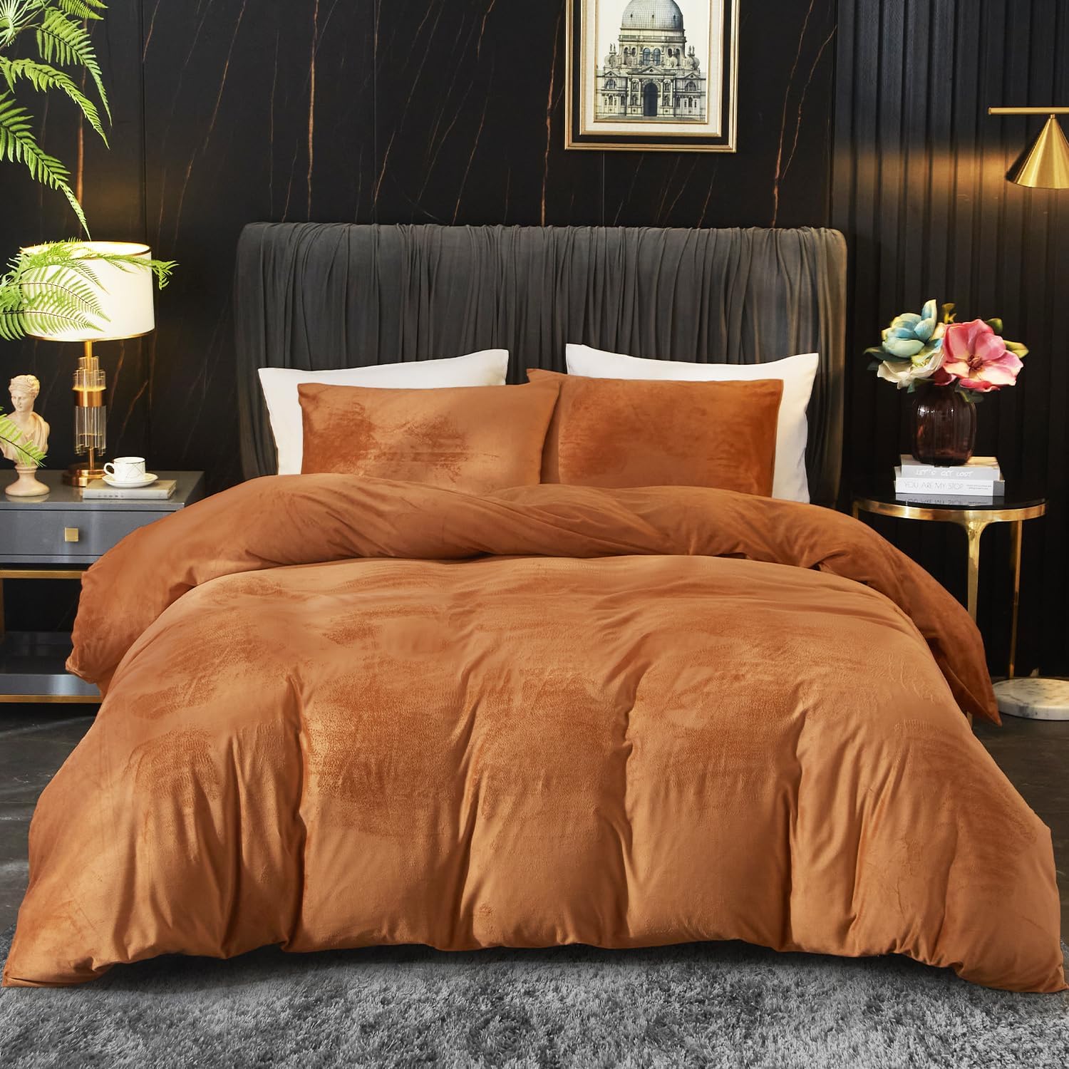 Ivellow Velvet Duvet Cover Queen Set in Burnt Orange for Luxury