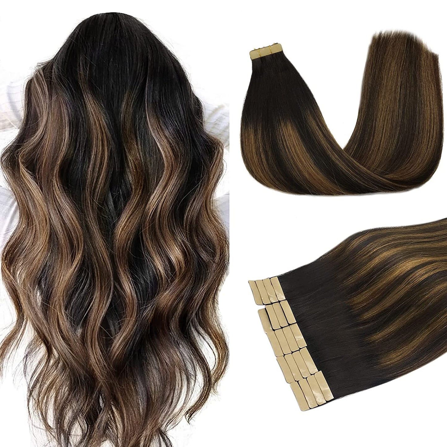 DOORES Tape in Hair Extensions 18 Inch Balayage Natural Black
